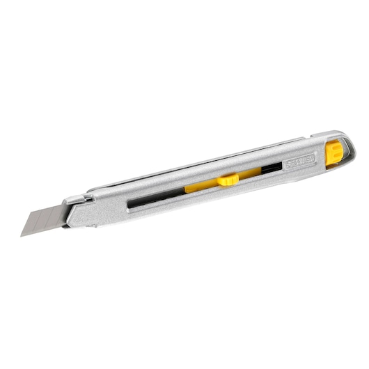 STANLEY 0-10-095 silver utility knife with segmented blade, side view on white background.