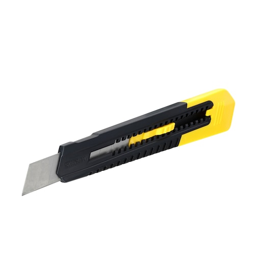 STANLEY 0-10-151 utility knife with black and yellow handle, side angle, white background.