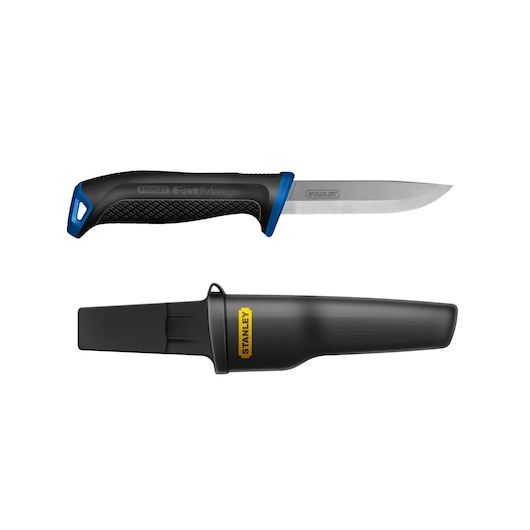 STANLEY 0-10-232 fixed blade knife with black and blue handle and black sheath, straight side view on white background.