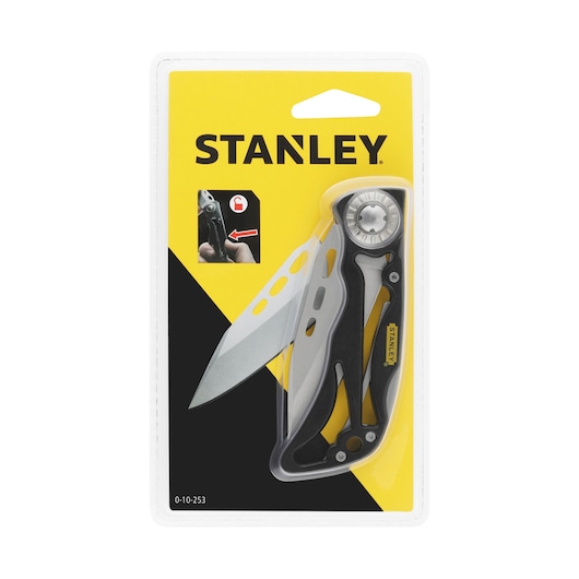 STANLEY 0-10-253 folding utility knife in retail packaging, front angle, yellow and black design.