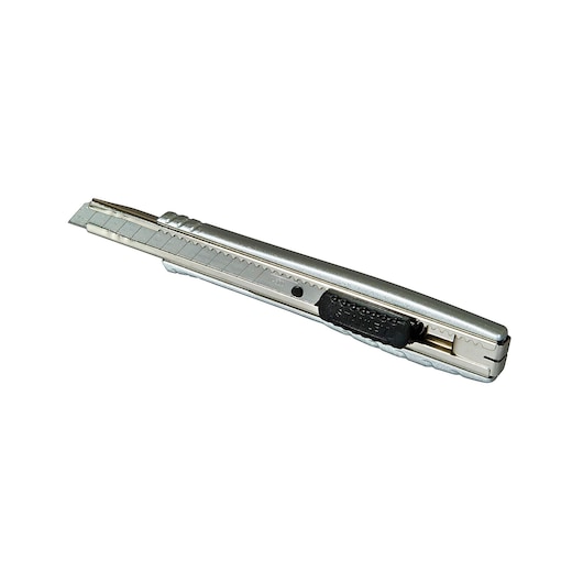 Photo of STANLEY 0-10-411 utility knife with silver body and black slider, side angle on white background.