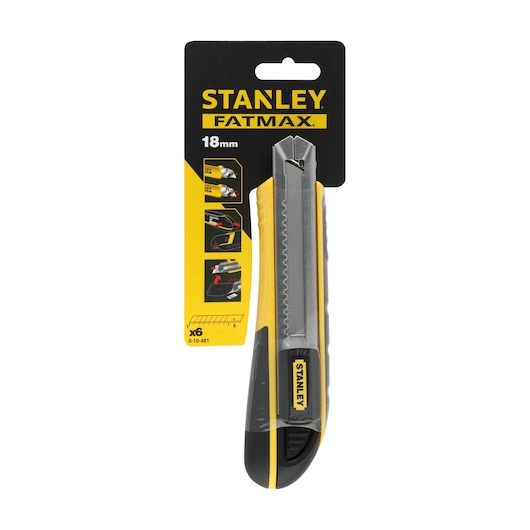 STANLEY 0-10-481 FATMAX 18mm utility knife in packaging, front angle, yellow and black handle.