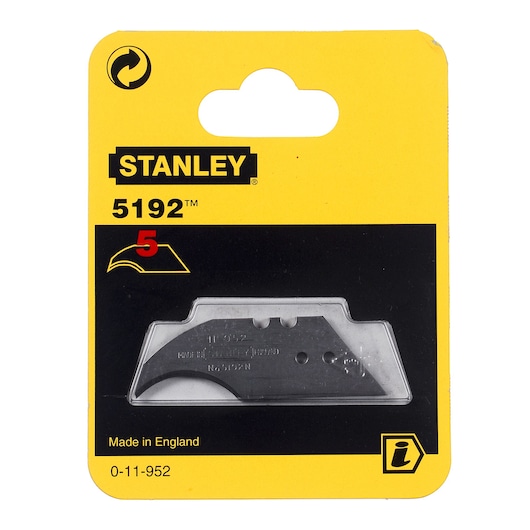 STANLEY 0-11-952 utility blade pack, five blades visible in yellow and black retail packaging, front view