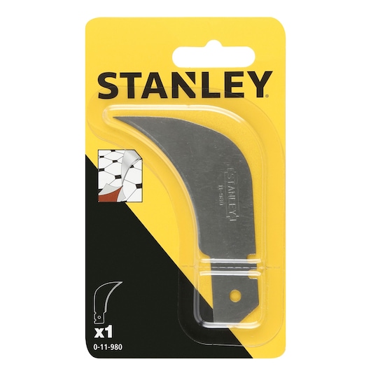 STANLEY 0-11-980 curved replacement blade in retail packaging, photo on white background.