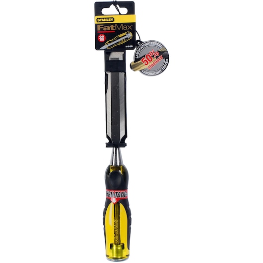 Stanley 0-16-260 chisel with yellow and black handle, FatMax branding, photography front view on white background.