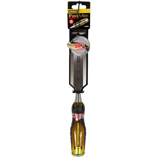 Stanley 0-16-264 FatMax chisel, photography, front view, black and yellow handle, packaging visible