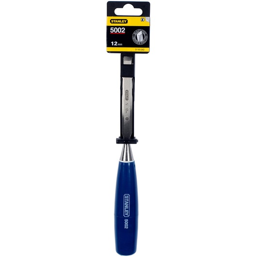 STANLEY 0-16-540 wood chisel with blue handle, 12mm, straight-on angle on white background.
