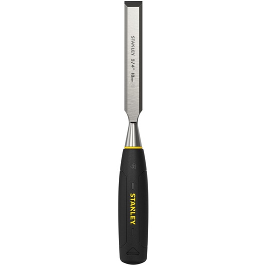 Photo of STANLEY 0-16-545 woodworking chisel with blue handle, side angle on white background.
