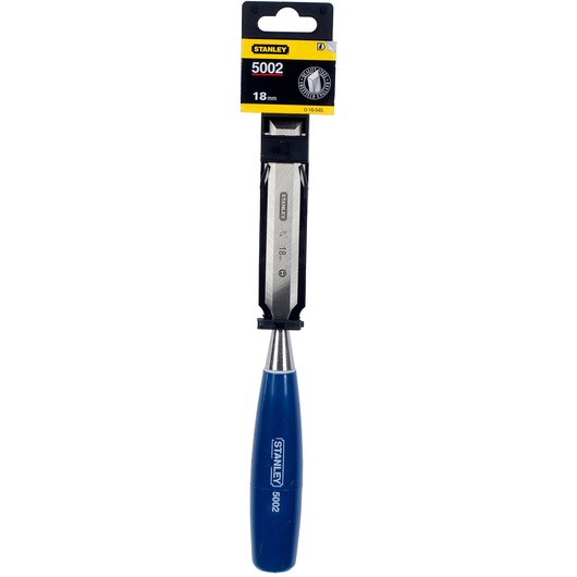 STANLEY 0-16-545 wood chisel with blue handle, 18mm blade, front angle, white background.
