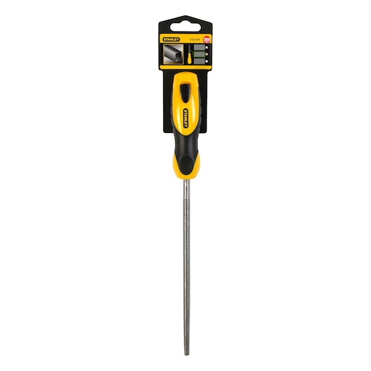 STANLEY 0-22-444 round metal file with yellow and black handle, photography on white background