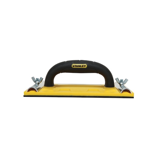 Photo of STANLEY 0-28-211 yellow hand sander with black handle, front angle on white background.