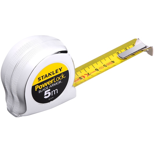 Stanley PowerLock tape measure, 5m length, white case, yellow measuring tape extended.
