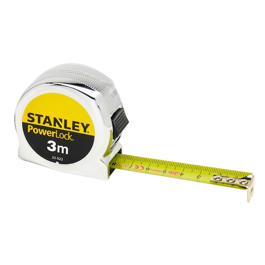 Stanley PowerLock tape measure, 3m length, yellow measuring blade extended from chrome body.