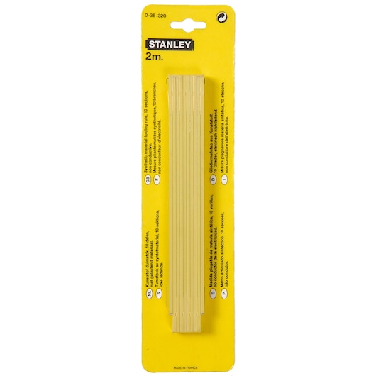 STANLEY 0-35-320 folding ruler, 2m length, synthetic material, yellow retail packaging, front view.
