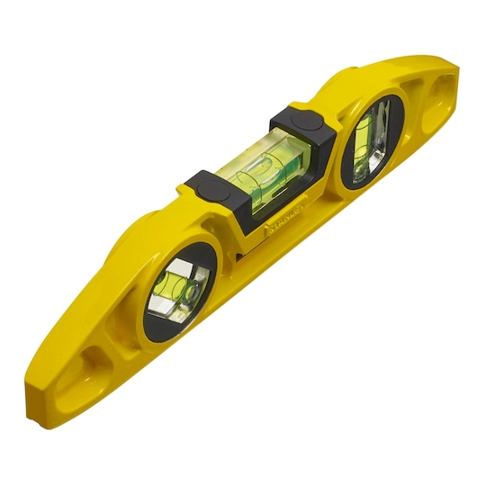 Yellow Stanley spirit level with three bubble vials for measuring horizontal and vertical alignment.