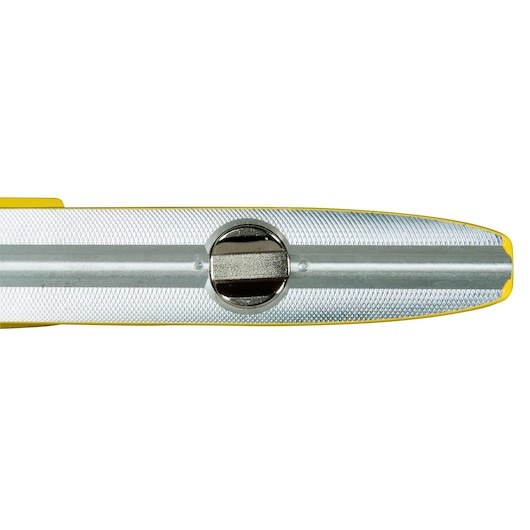 Close-up of a Stanley spirit level with a metallic finish and yellow sides, showing the adjusting screw.