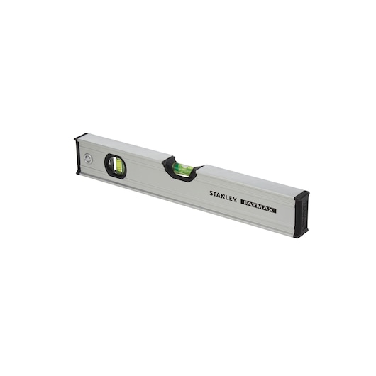Stanley FatMax spirit level with two bubble vials in a silver and black body, used for leveling surfaces.