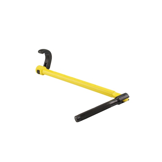 STANLEY 0-70-453 pipe wrench with yellow body and black handle, side angle on white background.