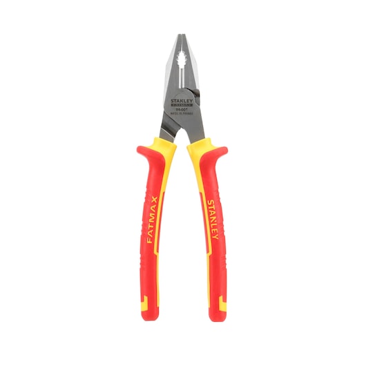 STANLEY 0-84-001 combination pliers with red and yellow insulated handles, front view on white background.