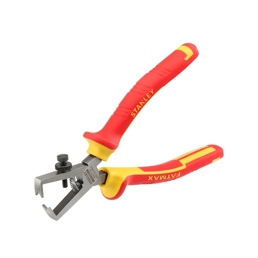STANLEY 0-84-010 insulated wire stripper pliers with red and yellow handles, angled on white background.