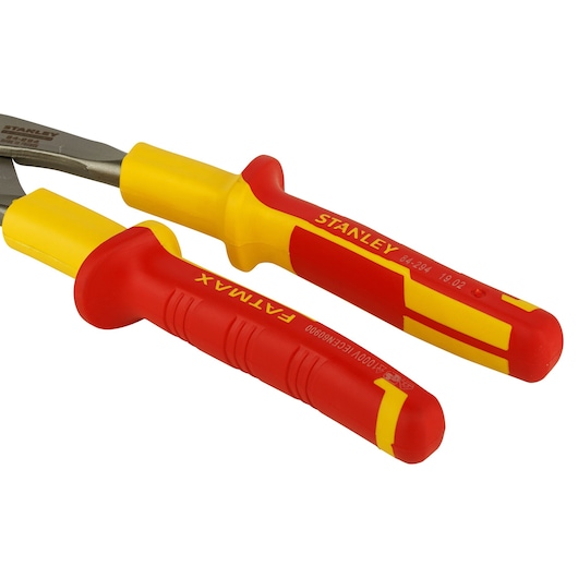 STANLEY 0-84-294 insulated pliers handles, red and yellow, close-up side angle.