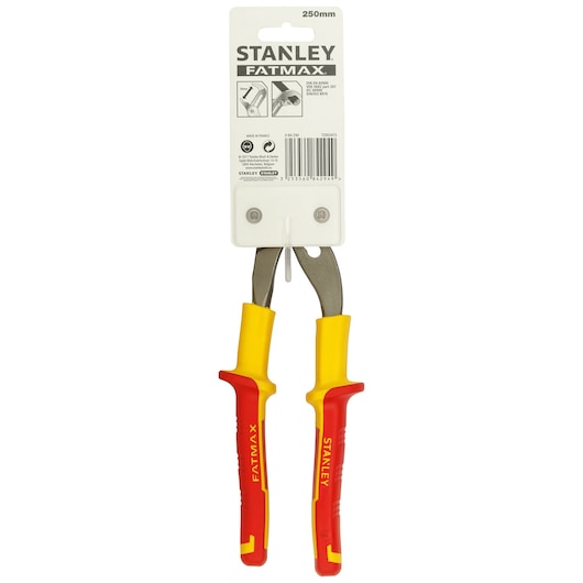 STANLEY 0-84-294 insulated long nose pliers 250mm, red and yellow handles, front angle, on packaging.