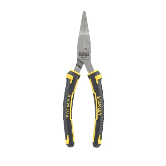 Photo of STANLEY 0-84-495 long nose pliers with black and yellow handles, front angle on white background.