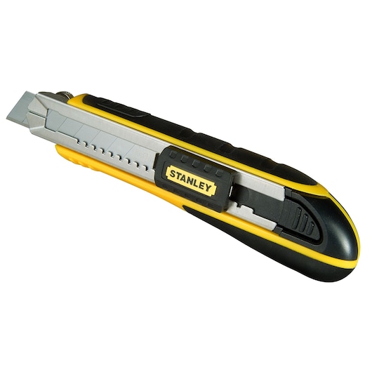 Stanley retractable utility knife with black and yellow handle and segmented snap-off blade.