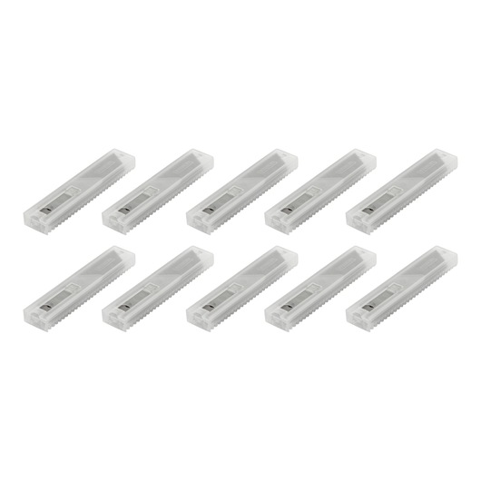 Stanley 1-11-301 utility blade pack, set of ten, clear cases, angled front view, photography