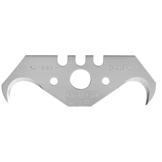 Stanley curved utility blade, model 11-967, with sharp edges and central holes for compatible tools.