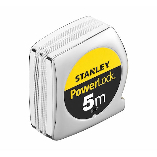 Photo of STANLEY 1-33-191 tape measure, PowerLock 5m, silver and yellow, product angle on white background.