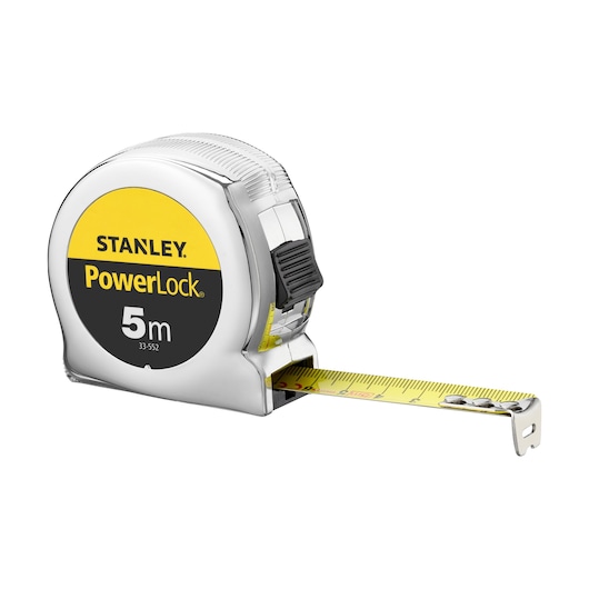 STANLEY 1-33-552 PowerLock tape measure 5m, yellow and chrome, product angled on white background.
