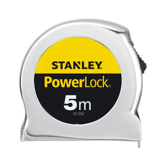 STANLEY 1-33-552 tape measure, PowerLock series, 5m, silver body, front angle, photography product category.