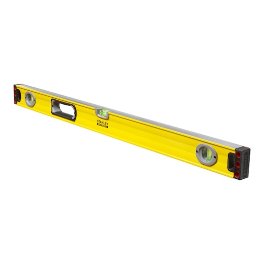 Yellow Stanley spirit level with handle and three bubble vials for precise measurements, model 1-43-536.
