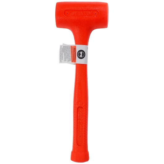 STANLEY 1-57-532 bright orange dead blow hammer, front angle, with textured handle and warning label.