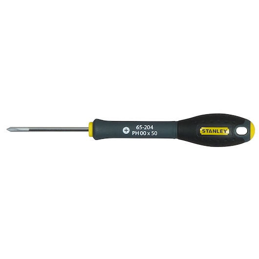 STANLEY 1-65-204 precision Phillips screwdriver with black and yellow handle, side view on white background.