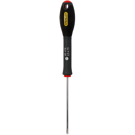 STANLEY 1-65-478 flathead screwdriver, black ergonomic handle, front view, photography on white background.