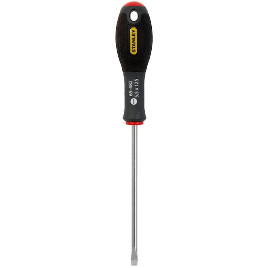 Stanley flathead screwdriver with black and yellow handle, model 1-65-482, for general screwdriving tasks.