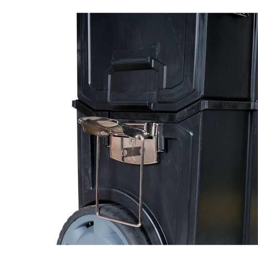 STANLEY 1-70-327 black plastic wheeled toolbox, close-up side view of metal latch and handle.