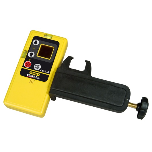 STANLEY 1-77-025 photography of yellow and black laser detector with clamp, front angle on white background.