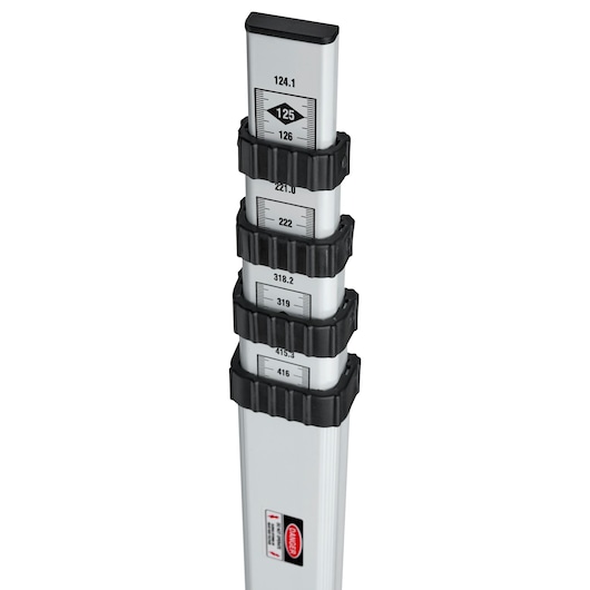 STANLEY 1-77-161 telescopic leveling staff with measurement marks, white background, angled view.