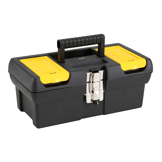 STANLEY 1-92-064 black and yellow plastic toolbox with metal latch, top angle photo.