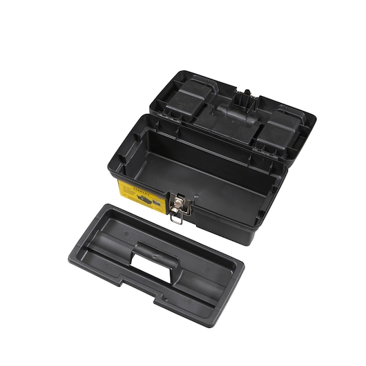Photo of STANLEY 1-92-064 black plastic tool box with open lid and removable tray, front angle.