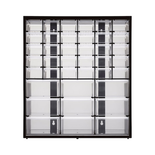 Plastic storage cabinet with multiple transparent drawers for organizing small items.
