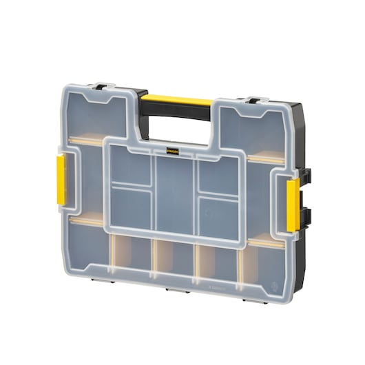 STANLEY 1-97-483 organizer with clear lid, yellow latches, black handle, shown at front angle on white background.