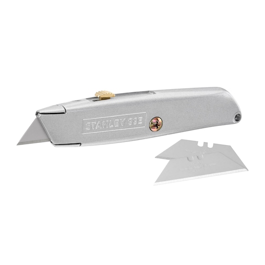 STANLEY 2-10-099 silver utility knife with exposed blade and two spare blades, side angle on white background.