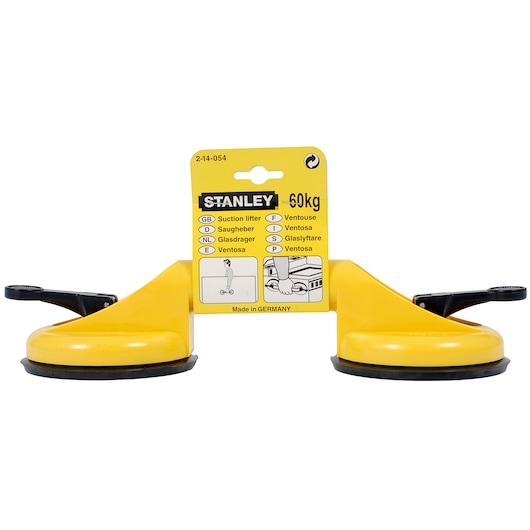STANLEY 2-14-054 double suction lifter, yellow, front angle on white background, 60kg capacity.