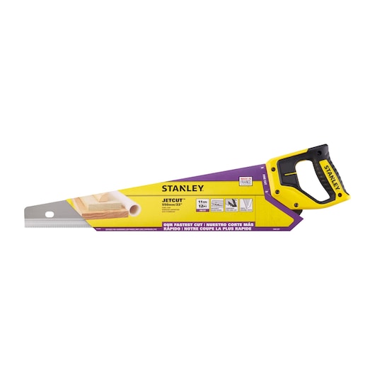 STANLEY 2-15-244 hand saw JETCUT 550mm yellow and black handle, side angle, photography