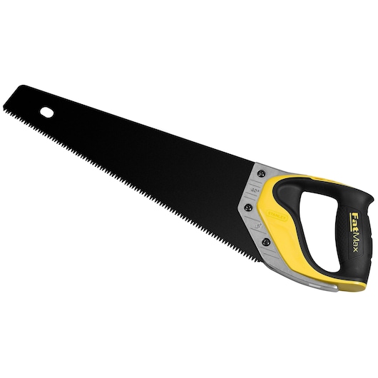 STANLEY 2-20-528 FatMax hand saw, black blade, yellow and black ergonomic handle, front angle on white background.