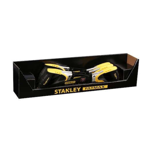 STANLEY 2-20-528 FATMAX hand saws in black and yellow retail box, side angle, photography.